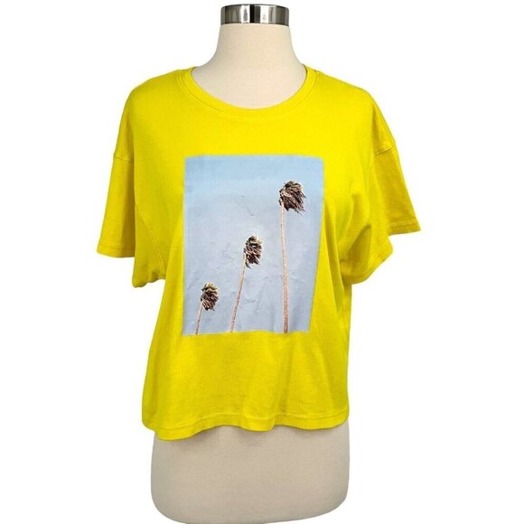 Father's Daughter Boxy Tee Shirt Yellow Size M Short Sleeve Crop Palm Trees - Picture 1 of 10